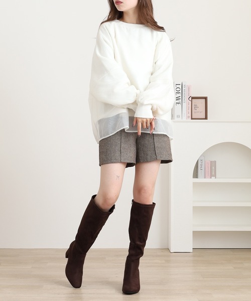 OMNES(オムネス)の「オーガンジーレイヤードダンボールニットボリューム袖プルオーバー(Tシャツ/カットソー・レディース・オフホワイト/ブルー・FREE)」の7枚目の写真