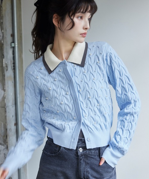 VIS（ビス）の「パールケーブルカーディガン（カーディガン/ボレロ・レディース・チャコールグレー/ブラック/サックスブルー・FREE）」の3枚目の写真