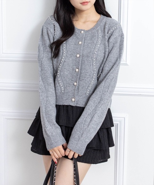 セール】パールデザイン長袖ニットカーディガン[オフィスカジュアル 着