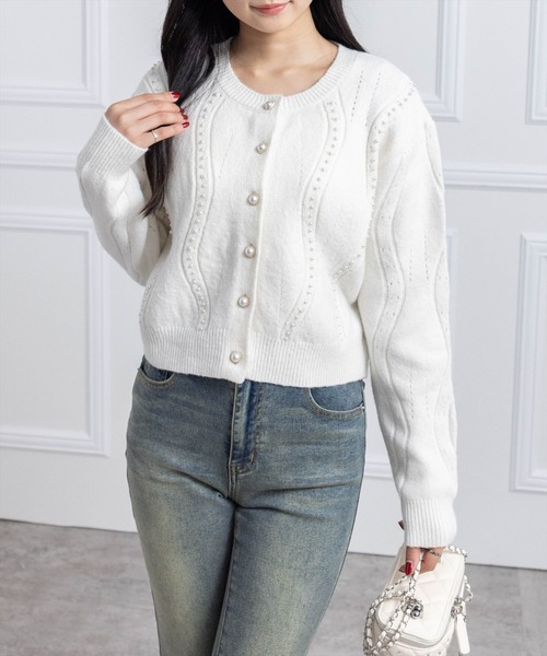 セール】パールデザイン長袖ニットカーディガン[オフィスカジュアル 着