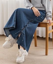 DAY CLOSET | サイドリボン×マーメイドラインに熱視線。スリット入りピーチスキン加工デニムスカート レディース(デニムスカート)