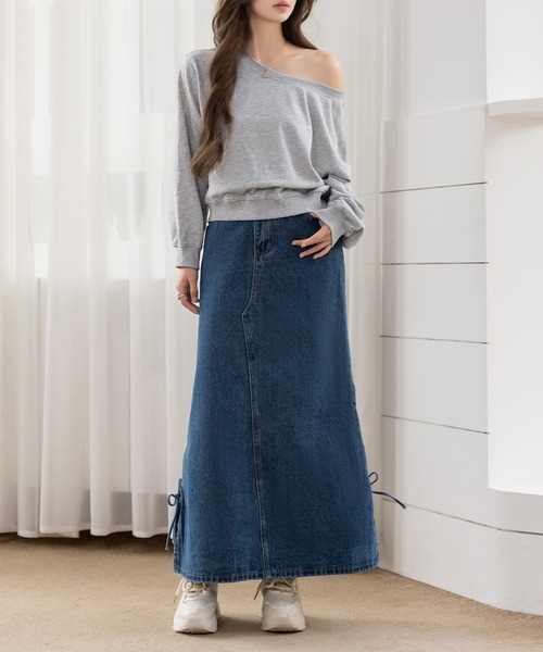 DAY CLOSET(デイ クローゼット)の「サイドリボン×マーメイドラインに熱視線。スリット入りピーチスキン加工デニムスカート レディース(デニムスカート・レディース・ブラック/ブルー・L/M)」の17枚目の写真