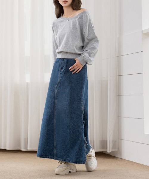 DAY CLOSET(デイ クローゼット)の「サイドリボン×マーメイドラインに熱視線。スリット入りピーチスキン加工デニムスカート レディース(デニムスカート・レディース・ブラック/ブルー・L/M)」の18枚目の写真