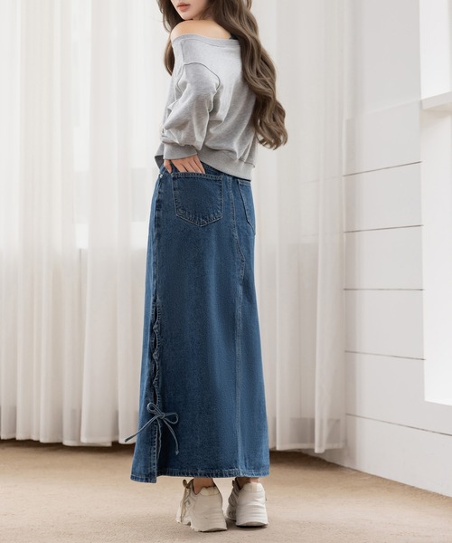 DAY CLOSET(デイ クローゼット)の「サイドリボン×マーメイドラインに熱視線。スリット入りピーチスキン加工デニムスカート レディース(デニムスカート・レディース・ブラック/ブルー・L/M)」の20枚目の写真