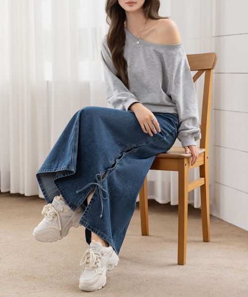 DAY CLOSET(デイ クローゼット)の「サイドリボン×マーメイドラインに熱視線。スリット入りピーチスキン加工デニムスカート レディース(デニムスカート・レディース・ブラック/ブルー・L/M)」の21枚目の写真