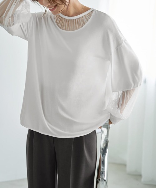 STYLE DELI（スタイルデリ）の「【Made in JAPAN】部分チュールのとろけるカットソートップス（Tシャツ/カットソー・レディース・チャコールグレー/ホワイト/ブラック・MEDIUM）」の2枚目の写真