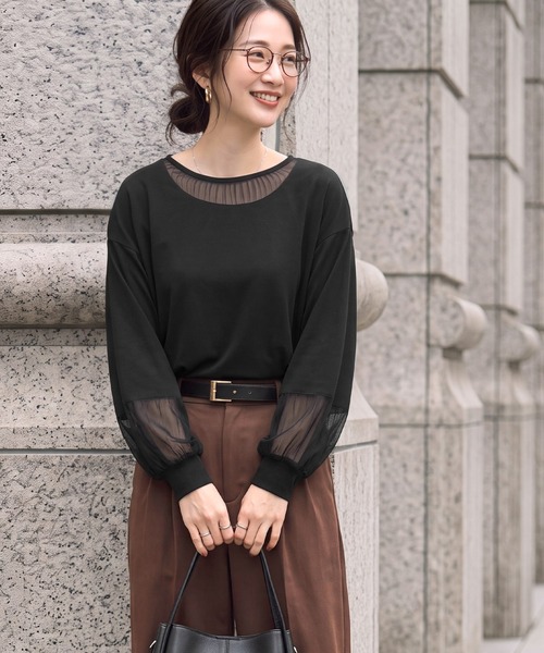 STYLE DELI（スタイルデリ）の「【Made in JAPAN】部分チュールのとろけるカットソートップス（Tシャツ/カットソー・レディース・チャコールグレー/ホワイト/ブラック・MEDIUM）」の13枚目の写真