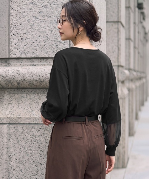 STYLE DELI（スタイルデリ）の「【Made in JAPAN】部分チュールのとろけるカットソートップス（Tシャツ/カットソー・レディース・チャコールグレー/ホワイト/ブラック・MEDIUM）」の14枚目の写真
