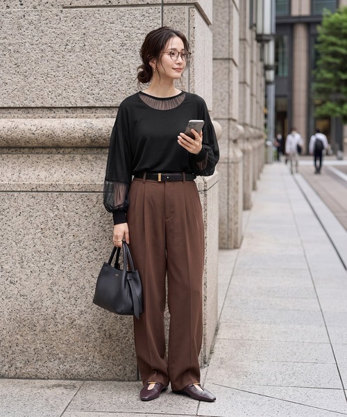 STYLE DELI（スタイルデリ）の「【Made in JAPAN】部分チュールのとろけるカットソートップス（Tシャツ/カットソー・レディース・チャコールグレー/ホワイト/ブラック・MEDIUM）」の15枚目の写真