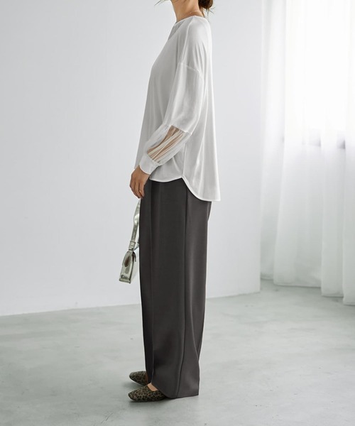 STYLE DELI（スタイルデリ）の「【Made in JAPAN】部分チュールのとろけるカットソートップス（Tシャツ/カットソー・レディース・チャコールグレー/ホワイト/ブラック・MEDIUM）」の18枚目の写真
