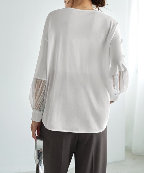 STYLE DELI（スタイルデリ）の「【Made in JAPAN】部分チュールのとろけるカットソートップス（Tシャツ/カットソー・レディース・チャコールグレー/ホワイト/ブラック・MEDIUM）」の21枚目の写真