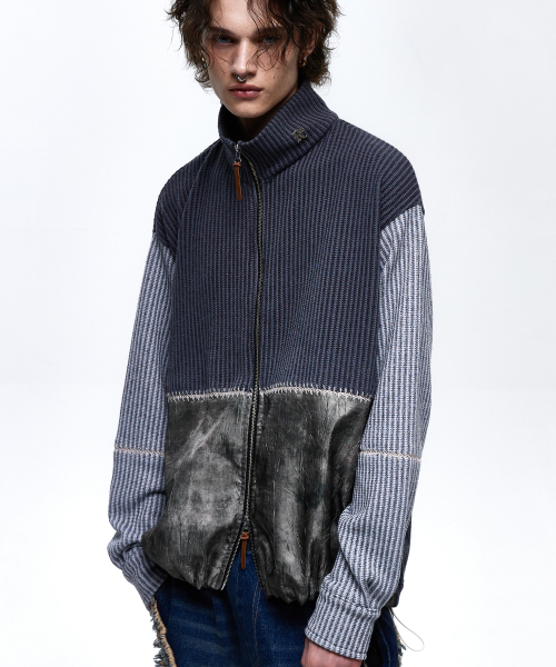 Stitched Mix Knit Zip Up — тёмно‑угольно/серый — вязаная кофта на молнии