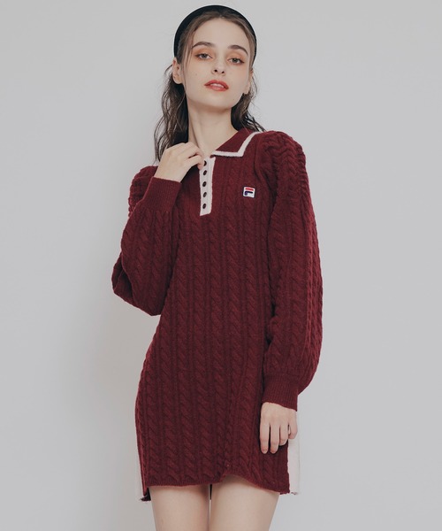 REDYAZEL（レディアゼル）の「［FILA×REDYAZEL］ケーブルニットポロミニワンピース（ワンピース・レディース・ネイビー/ブラウン/レッド/オフホワイト・FREE）」の4枚目の写真