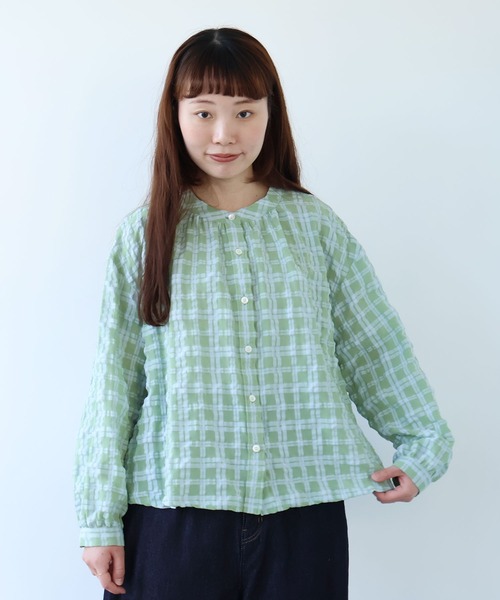 bulle de savon（ビュルデサボン）の「●sheer check バンドカラーブラウス（シャツ/ブラウス・レディース・ブルー・FREE）」の7枚目の写真