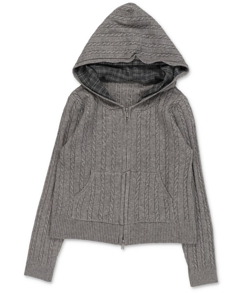 SPINNS（スピンズ）の「チェック裏フードで差がつく☆ダブルジップケーブルニットカーディガン（カーディガン/ボレロ・レディース・グレー/アイボリー/サックスブルー/チャコール・ONESIZE）」の2枚目の写真
