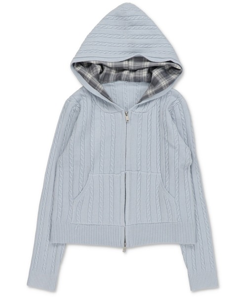 SPINNS（スピンズ）の「チェック裏フードで差がつく☆ダブルジップケーブルニットカーディガン（カーディガン/ボレロ・レディース・グレー/アイボリー/サックスブルー/チャコール・ONESIZE）」の4枚目の写真