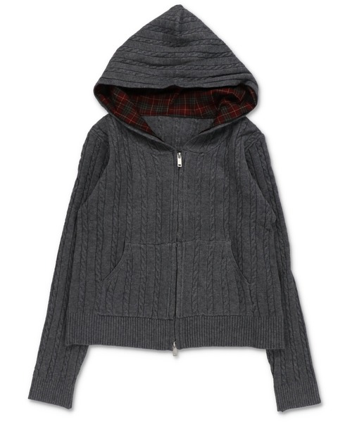 SPINNS（スピンズ）の「チェック裏フードで差がつく☆ダブルジップケーブルニットカーディガン（カーディガン/ボレロ・レディース・グレー/アイボリー/サックスブルー/チャコール・ONESIZE）」の3枚目の写真