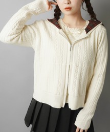 SPINNS | チェック裏フードで差がつく☆ダブルジップケーブルニットカーディガン(カーディガン/ボレロ)