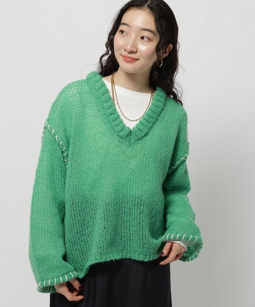 NIKO AND.. 緑ニットデニムジャケット　超美品 セール】ハンドステッチオーバーVネックプルオーバー（ニット/セーター