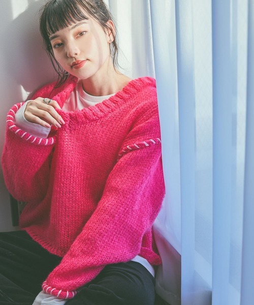 niko and...（ニコアンド）の「ハンドステッチオーバーVネックプルオーバー（ニット/セーター・レディース・ピンク/アイボリー/ブラック/グリーン・FREE）」の16枚目の写真