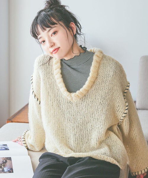 niko and...（ニコアンド）の「ハンドステッチオーバーVネックプルオーバー（ニット/セーター・レディース・ピンク/アイボリー/ブラック/グリーン・FREE）」の14枚目の写真