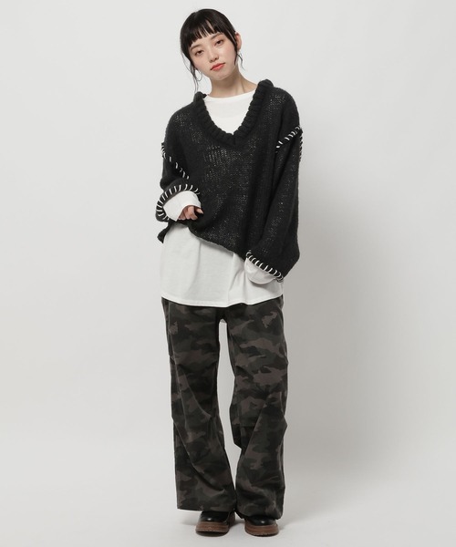 niko and...（ニコアンド）の「ハンドステッチオーバーVネックプルオーバー（ニット/セーター・レディース・ピンク/アイボリー/ブラック/グリーン・FREE）」の19枚目の写真