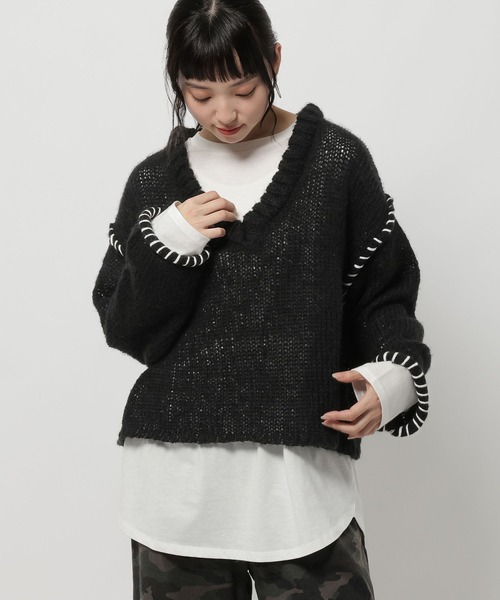 niko and...（ニコアンド）の「ハンドステッチオーバーVネックプルオーバー（ニット/セーター・レディース・ピンク/アイボリー/ブラック/グリーン・FREE）」の21枚目の写真