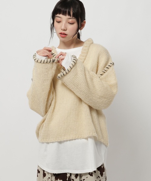 niko and...（ニコアンド）の「ハンドステッチオーバーVネックプルオーバー（ニット/セーター・レディース・ピンク/アイボリー/ブラック/グリーン・FREE）」の7枚目の写真