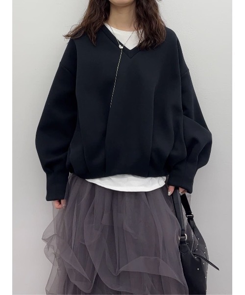 STYLEMIXER(スタイルミキサー)の「Vネックフォルムダンボールトップ(スウェット・レディース・パープル/アイボリー/ブラック/グレー・FREE)」の3枚目の写真