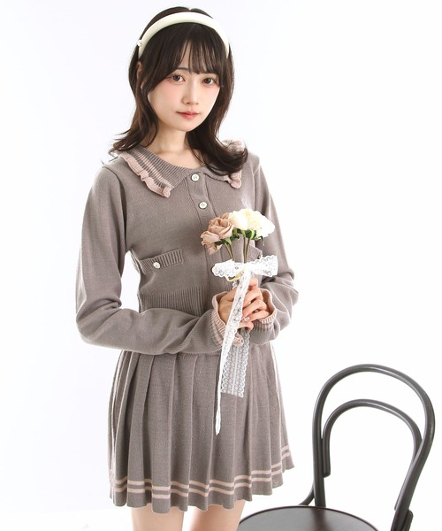 DearMyLoveRose(ディアマイラブローズ)の「襟付きニットプリーツミニセットアップ【大きいサイズ有り】(セットアップ・レディース・ネイビー/グレー・M-L/L~LL/LL~3L)」の1枚目の写真