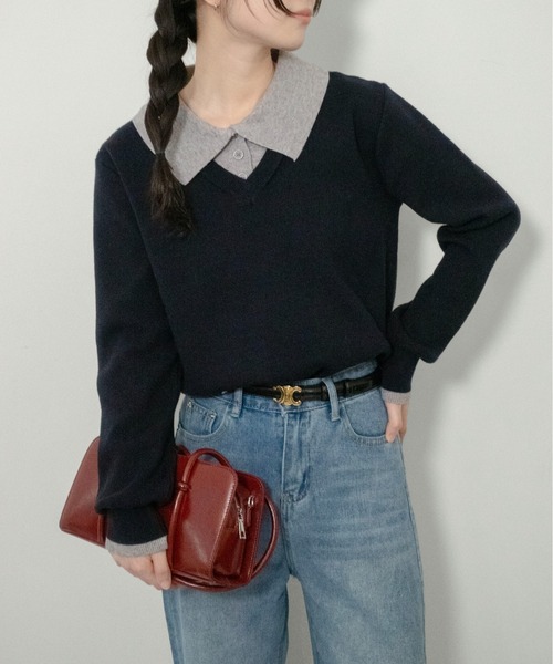 on:nue(オンニュ)の「【on:nue】ポロカラードッキングニット(ニット/セーター・レディース・アイボリー/ネイビー/ブラウン/グレー・FREE)」の4枚目の写真