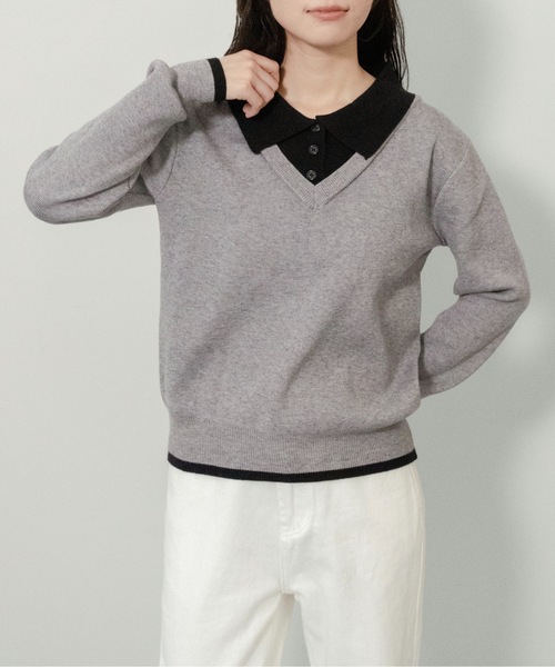 on:nue(オンニュ)の「【on:nue】ポロカラードッキングニット(ニット/セーター・レディース・アイボリー/ネイビー/ブラウン/グレー・FREE)」の2枚目の写真