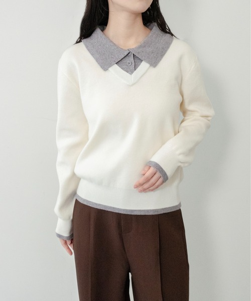 on:nue(オンニュ)の「【on:nue】ポロカラードッキングニット(ニット/セーター・レディース・アイボリー/ネイビー/ブラウン/グレー・FREE)」の6枚目の写真