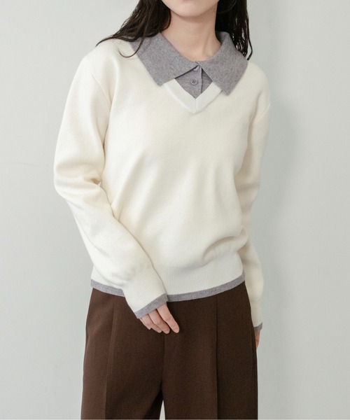 on:nue(オンニュ)の「【on:nue】ポロカラードッキングニット(ニット/セーター・レディース・アイボリー/ネイビー/ブラウン/グレー・FREE)」の5枚目の写真