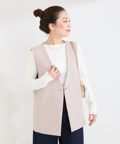 B.C STOCK(ベーセーストック)の「手洗い可 / T/R ダブルクロス ベスト(ベスト・レディース・ベージュ系その他/ブラック・FREE)」の1枚目の写真