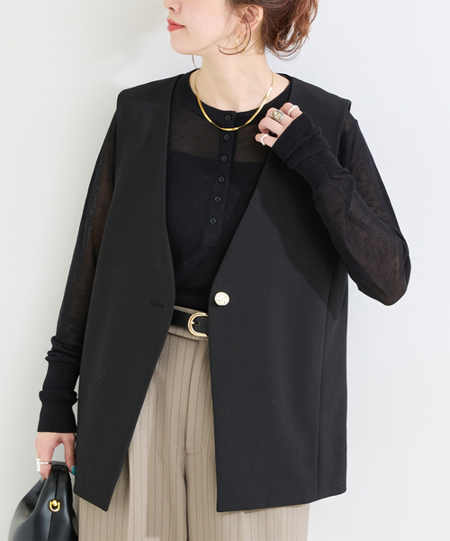 B.C STOCK(ベーセーストック)の「手洗い可 / T/R ダブルクロス ベスト(ベスト・レディース・ベージュ系その他/ブラック・FREE)」の2枚目の写真