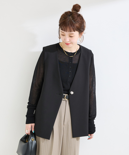 B.C STOCK(ベーセーストック)の「手洗い可 / T/R ダブルクロス ベスト(ベスト・レディース・ベージュ系その他/ブラック・FREE)」の6枚目の写真