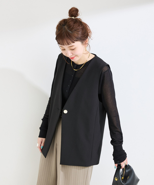 B.C STOCK(ベーセーストック)の「手洗い可 / T/R ダブルクロス ベスト(ベスト・レディース・ベージュ系その他/ブラック・FREE)」の7枚目の写真