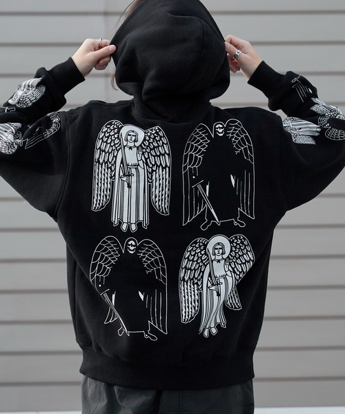 PLEASURES(プレジャー)の「PLEASURES/プレジャーズ ANGEL DEMON HOODIE ヘビーウェイト プルオーバーフーディー 2026年春夏(パーカー・メンズ・ブラック・M/L/XL)」の1枚目の写真