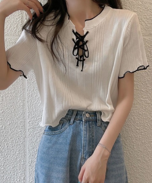 SHEPP(シープ)の「【26年春夏新作】バイカラーフロントレースアップリブニット半袖トップス(Tシャツ/カットソー・レディース・アイボリー/ブラック/ホワイト/ブルー/イエロー・F)」の20枚目の写真