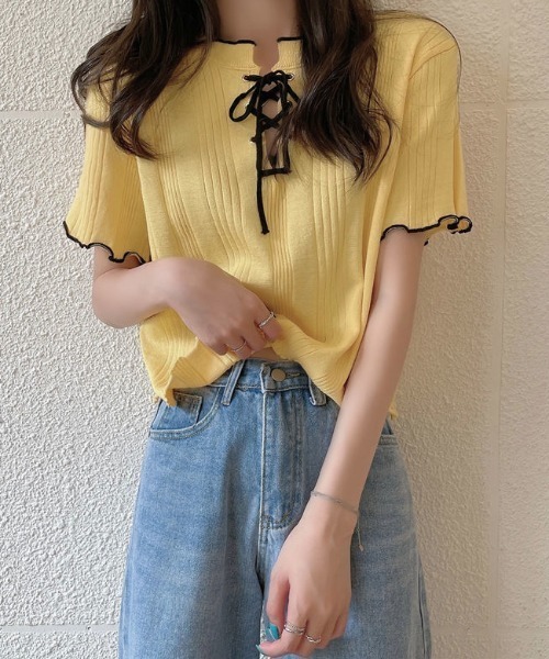 SHEPP(シープ)の「【26年春夏新作】バイカラーフロントレースアップリブニット半袖トップス(Tシャツ/カットソー・レディース・アイボリー/ブラック/ホワイト/ブルー/イエロー・F)」の17枚目の写真