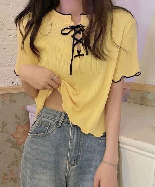 SHEPP(シープ)の「【26年春夏新作】バイカラーフロントレースアップリブニット半袖トップス(Tシャツ/カットソー・レディース・アイボリー/ブラック/ホワイト/ブルー/イエロー・F)」の18枚目の写真