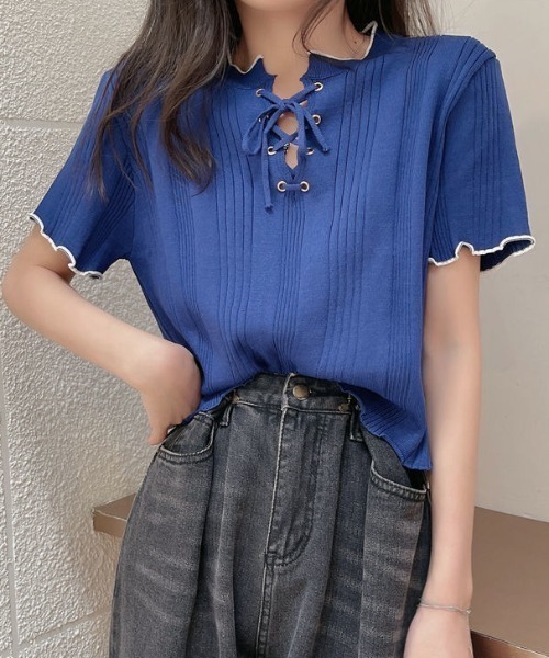 SHEPP(シープ)の「【26年春夏新作】バイカラーフロントレースアップリブニット半袖トップス(Tシャツ/カットソー・レディース・アイボリー/ブラック/ホワイト/ブルー/イエロー・F)」の10枚目の写真