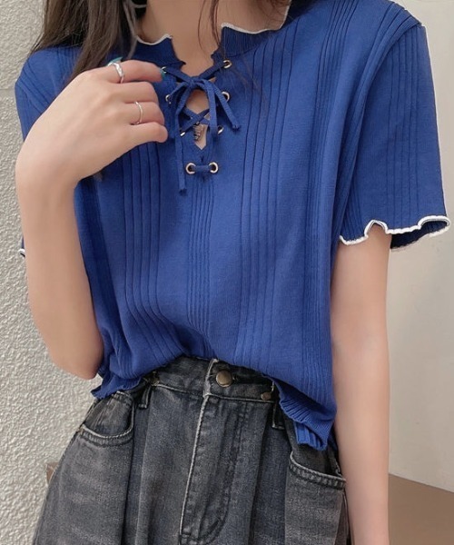 SHEPP(シープ)の「【26年春夏新作】バイカラーフロントレースアップリブニット半袖トップス(Tシャツ/カットソー・レディース・アイボリー/ブラック/ホワイト/ブルー/イエロー・F)」の11枚目の写真