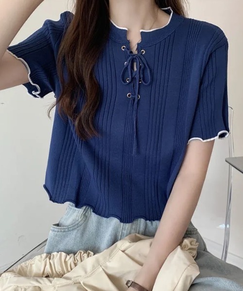 SHEPP(シープ)の「【26年春夏新作】バイカラーフロントレースアップリブニット半袖トップス(Tシャツ/カットソー・レディース・アイボリー/ブラック/ホワイト/ブルー/イエロー・F)」の16枚目の写真