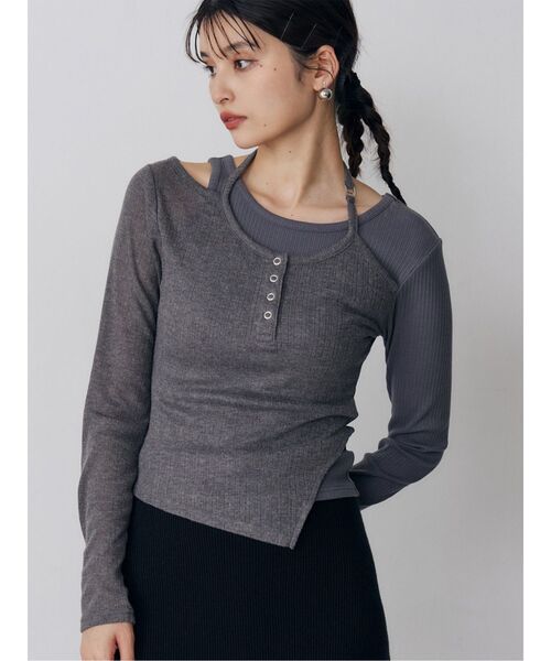 MURUA(ムルーア)の「オーバーラップトップス(Tシャツ/カットソー・レディース・ブラック/ホワイト/グレー・FREE)」の1枚目の写真