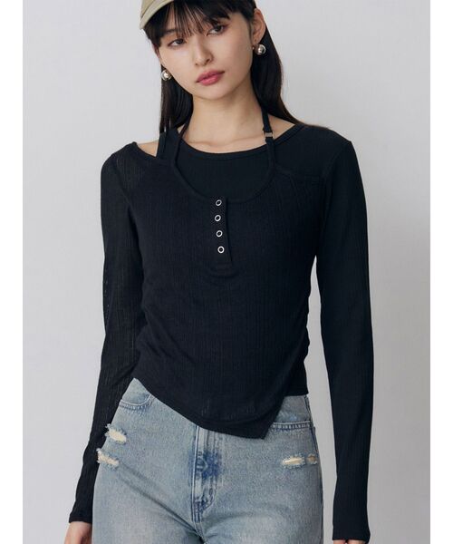 MURUA(ムルーア)の「オーバーラップトップス(Tシャツ/カットソー・レディース・ブラック/ホワイト/グレー・FREE)」の3枚目の写真