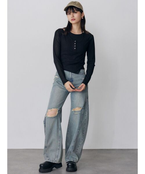 MURUA(ムルーア)の「オーバーラップトップス(Tシャツ/カットソー・レディース・ブラック/ホワイト/グレー・FREE)」の9枚目の写真