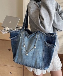 フリンジデニムトートバッグ パールチェーン付き レディース 大容量 A4 収納可 デニムバッグ カジュアル Y2K