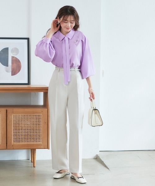 RUIRUE BOUTIQUE(ルイルエブティック)の「洗える/2WAY | ラグランタックスリーブ ボウタイブラウス | ブラウス・トップス・シャツ・オケージョンブラウス・長袖ブラウス・きれいめブラウス・オフィスカジュアルブラウス(シャツ/ブラウス・レディース・ペールイエロー/ライトベージュ/ラベンダー/ブルー/ホワイト・L/M)」の22枚目の写真